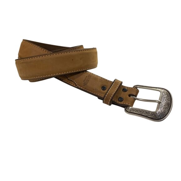 Red River Mens Belt Leather Western Tan Silver Tone Belt Buckle Size 40 Real Men - Picture 6 of 10